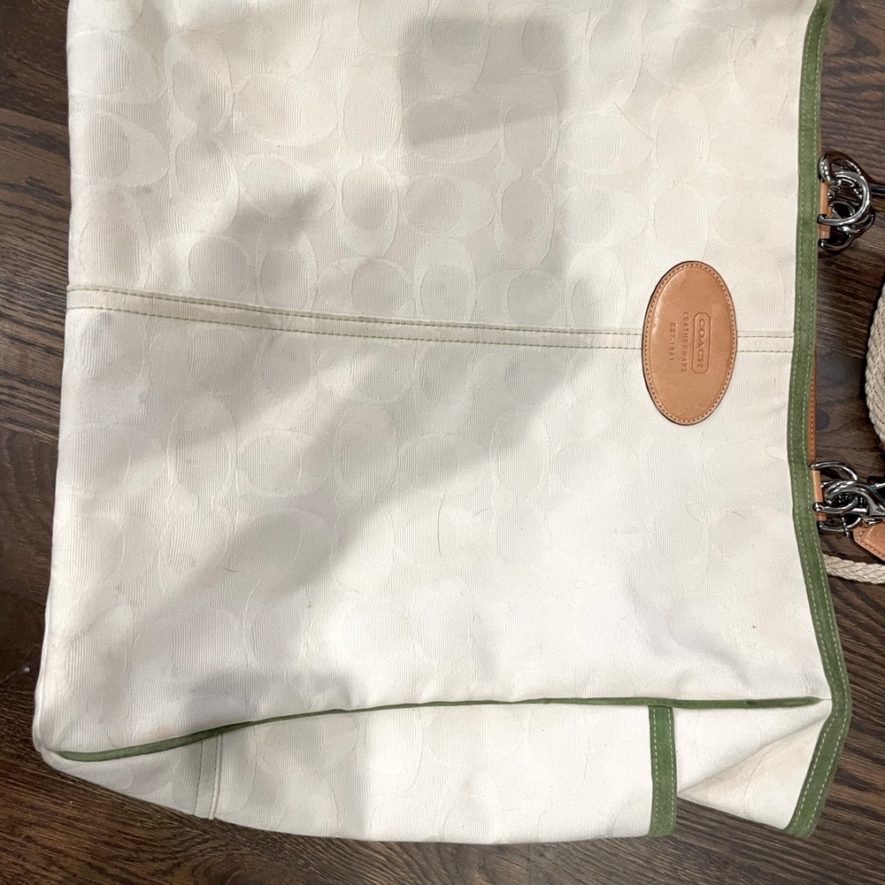 Incredible Reed Krakoff for Coach white leather with green trim large tote.